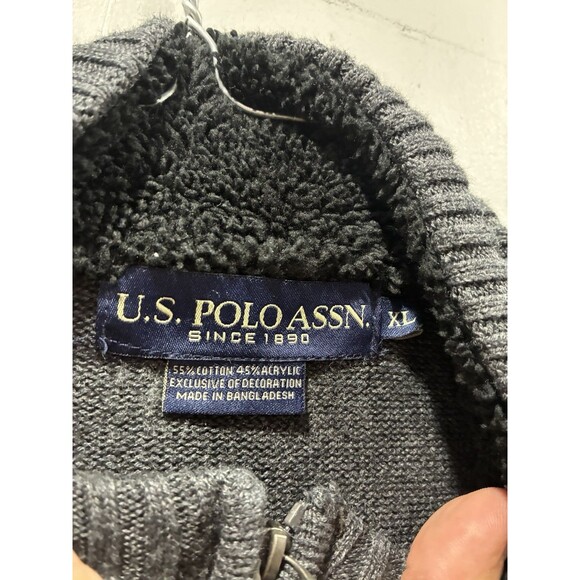 U.S. Polo Assn. Gray Cable Knit Fleece Lined Quarter Zip Sweater Men's XL - Picture 3 of 5